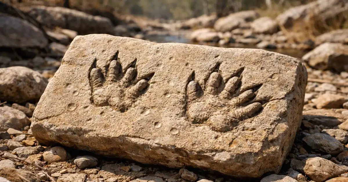 A highly detailed fossilized sandstone slab resting in a riverbed, displaying ancient five-toed footprints with sharp claw marks and raindrop dimples.