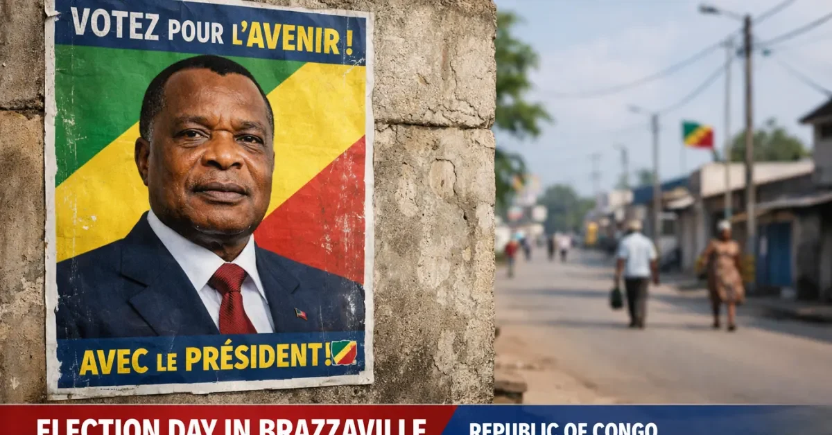 A quiet street in Brazzaville during the Republic of Congo election, featuring a large political campaign poster on a concrete wall with citizens walking in the blurred background.