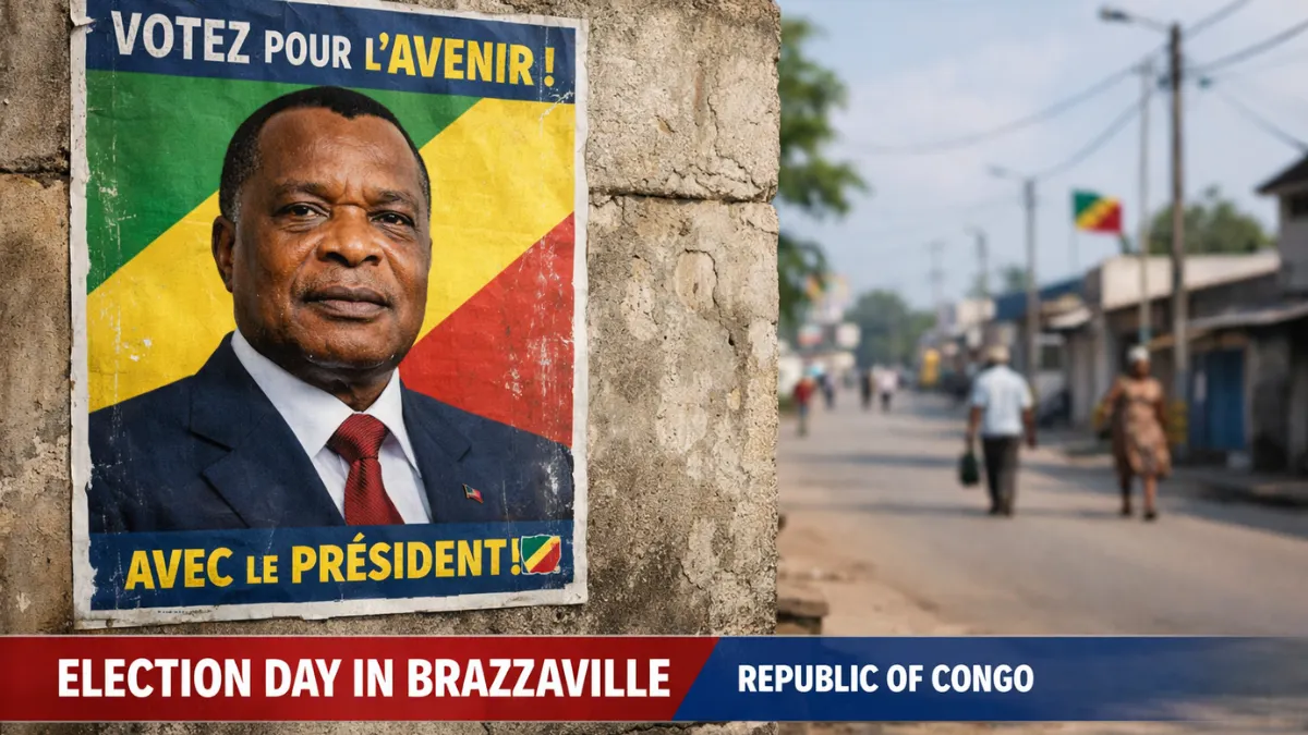 A quiet street in Brazzaville during the Republic of Congo election, featuring a large political campaign poster on a concrete wall with citizens walking in the blurred background.