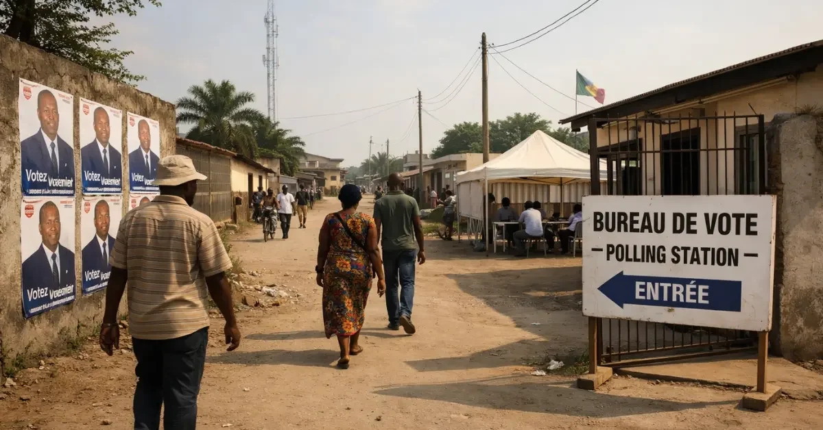 A quiet street in Brazzaville during the Republic of Congo presidential election, featuring campaign posters and a few citizens walking near a polling station.