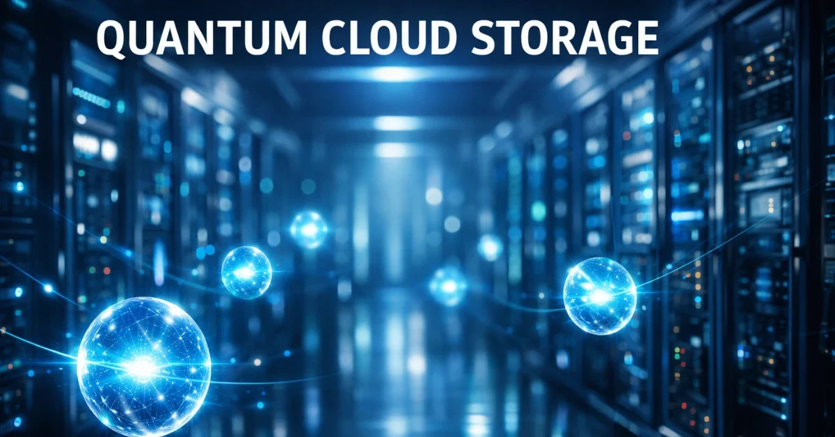 Glowing spheres representing quantum qubits floating among high-tech server racks in a futuristic, blue-lit server room.