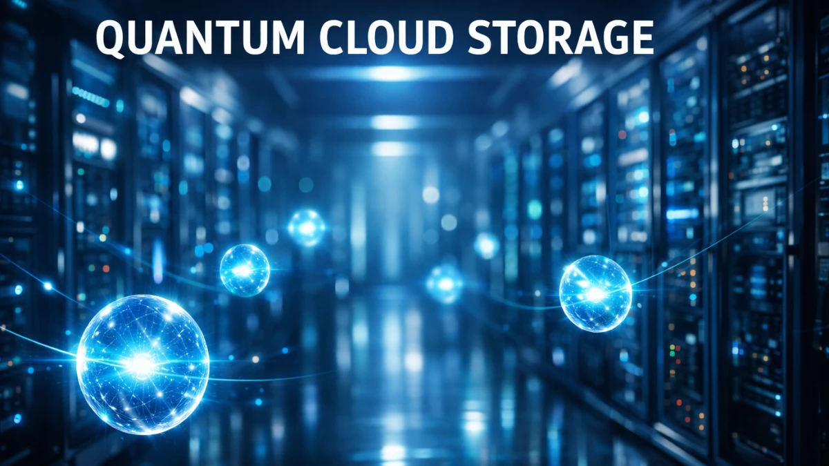 Glowing spheres representing quantum qubits floating among high-tech server racks in a futuristic, blue-lit server room.