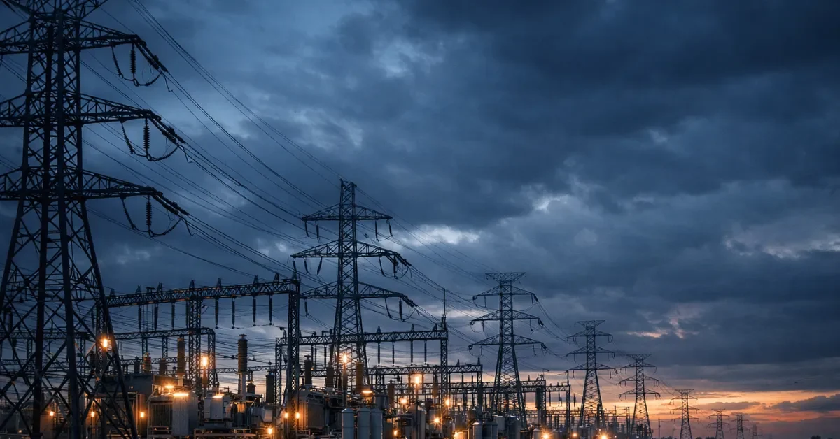 A large electrical grid substation with tall transmission towers silhouetted against a dramatic twilight sky, representing energy infrastructure.