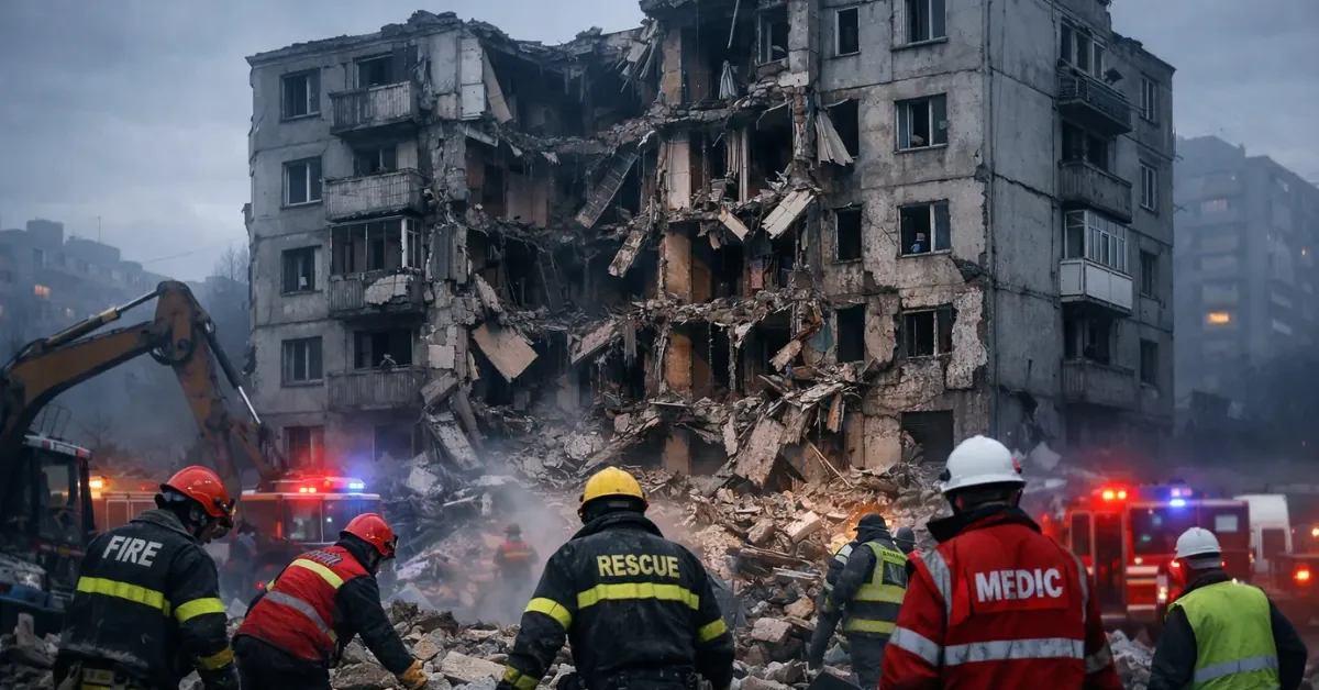 Emergency responders clear rubble from a heavily damaged five-story residential apartment building in Kharkiv following an overnight missile strike.