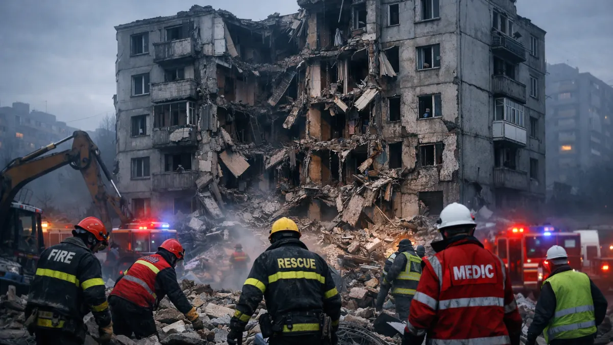 Emergency responders clear rubble from a heavily damaged five-story residential apartment building in Kharkiv following an overnight missile strike.