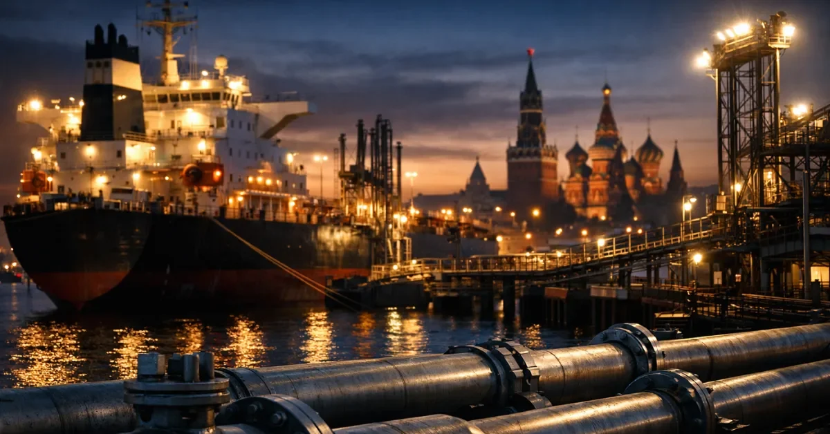 A massive oil tanker docked at an industrial port at dusk, with the silhouette of the Moscow Kremlin in the background, representing Russia's growing oil revenue amid global market shifts.