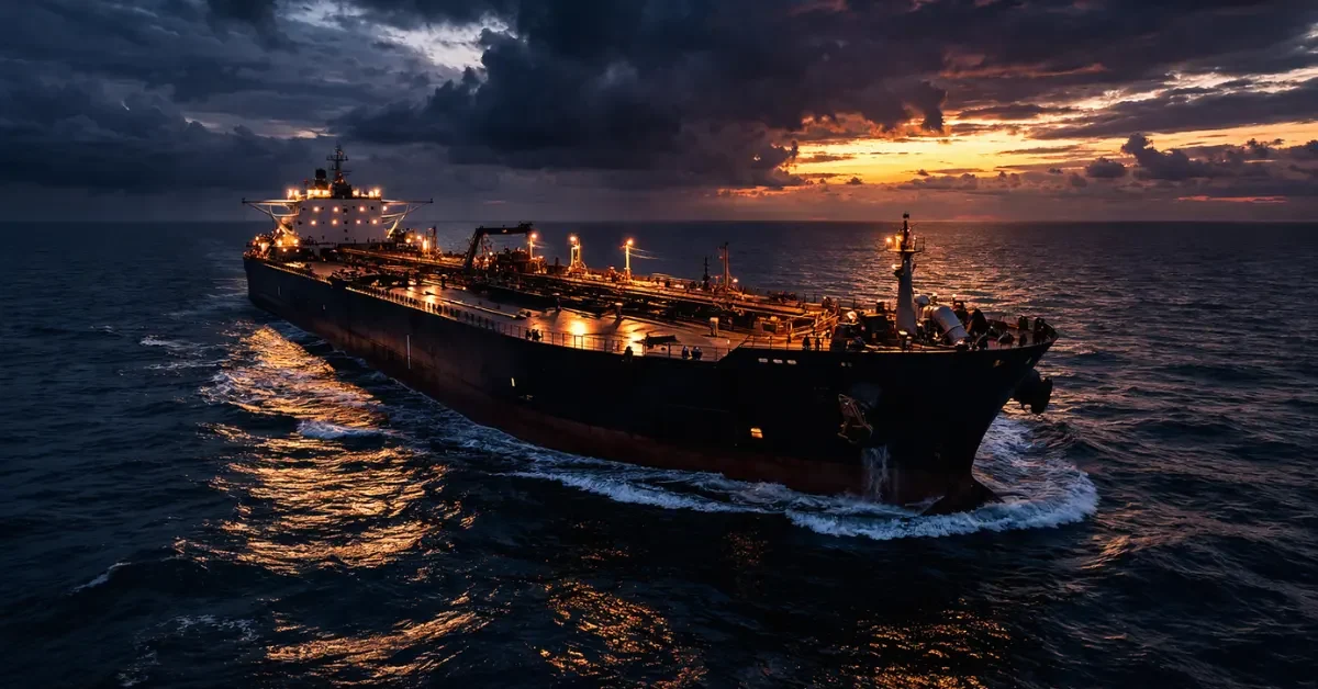 A large oil tanker sailing on the ocean under a dramatic cloudy sky at dusk, representing covert maritime fuel shipments.