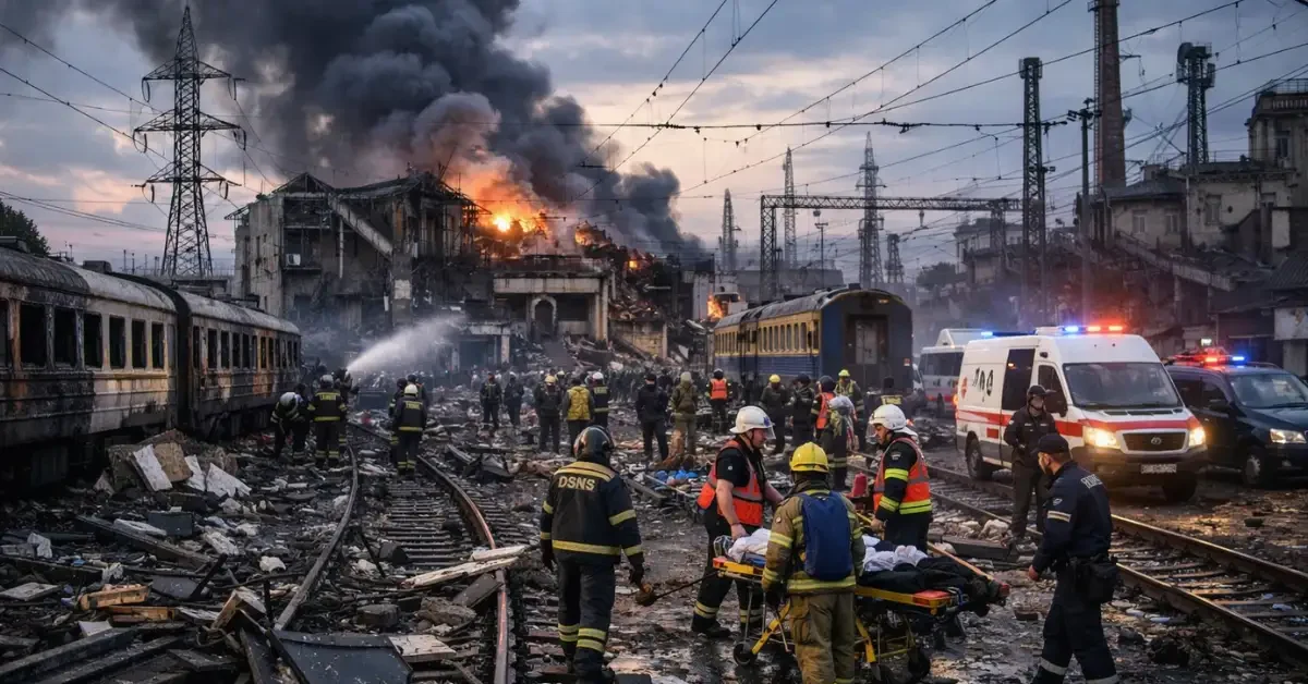 Emergency responders assess damage at a Ukrainian railway facility following overnight drone and missile strikes.
