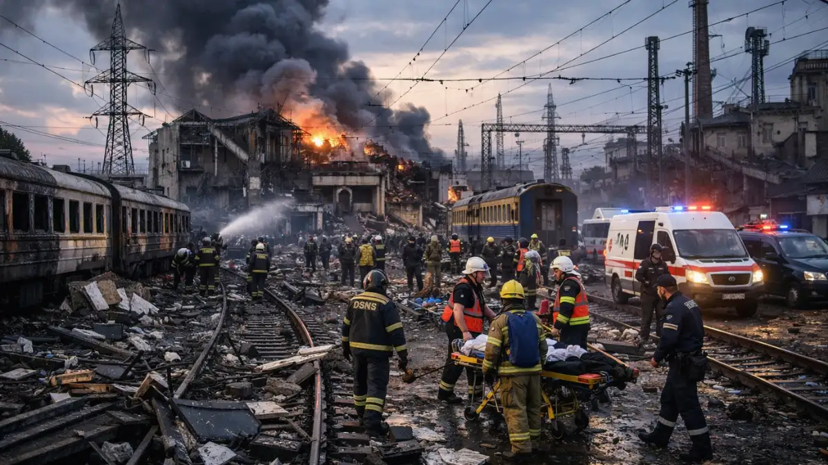 Emergency responders assess damage at a Ukrainian railway facility following overnight drone and missile strikes.