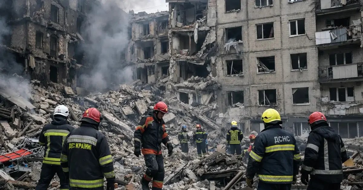 Emergency rescue workers navigate the rubble of a heavily damaged five-story residential apartment building following a missile strike in Kharkiv, Ukraine.