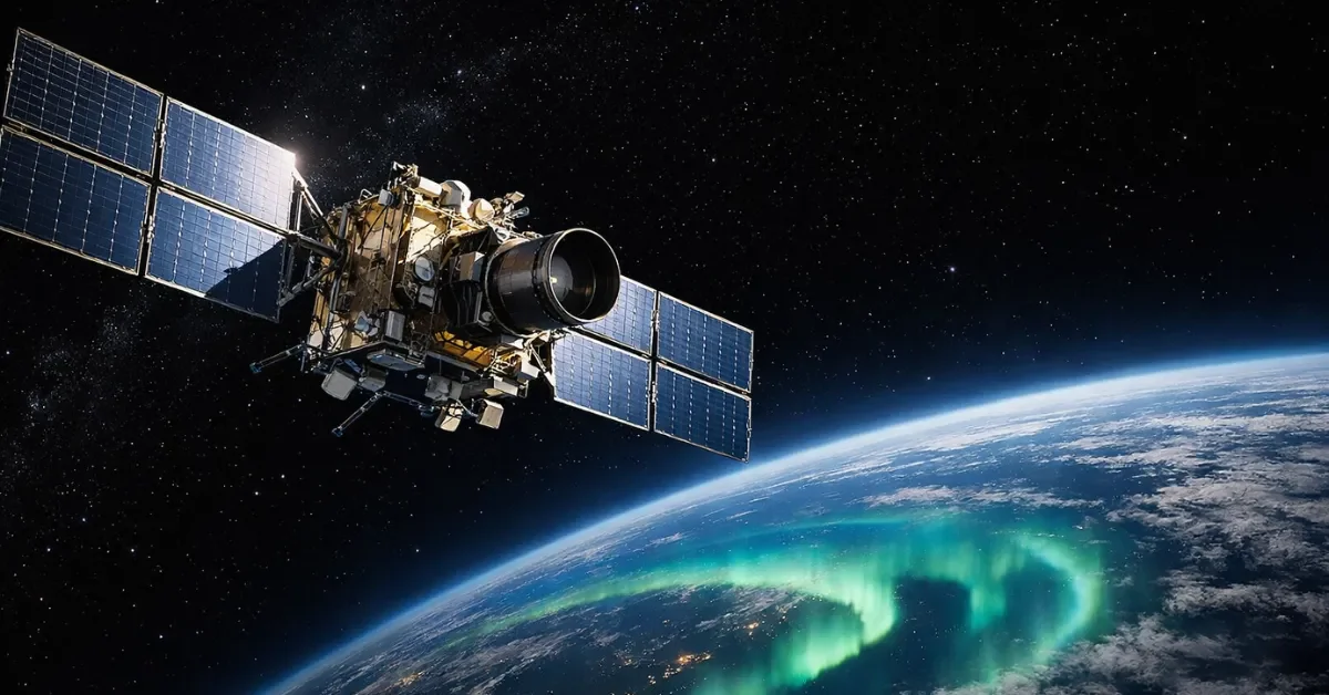 A highly detailed rendering of the SMILE satellite orbiting Earth, with its solar panels deployed and the northern lights glowing in the background.
