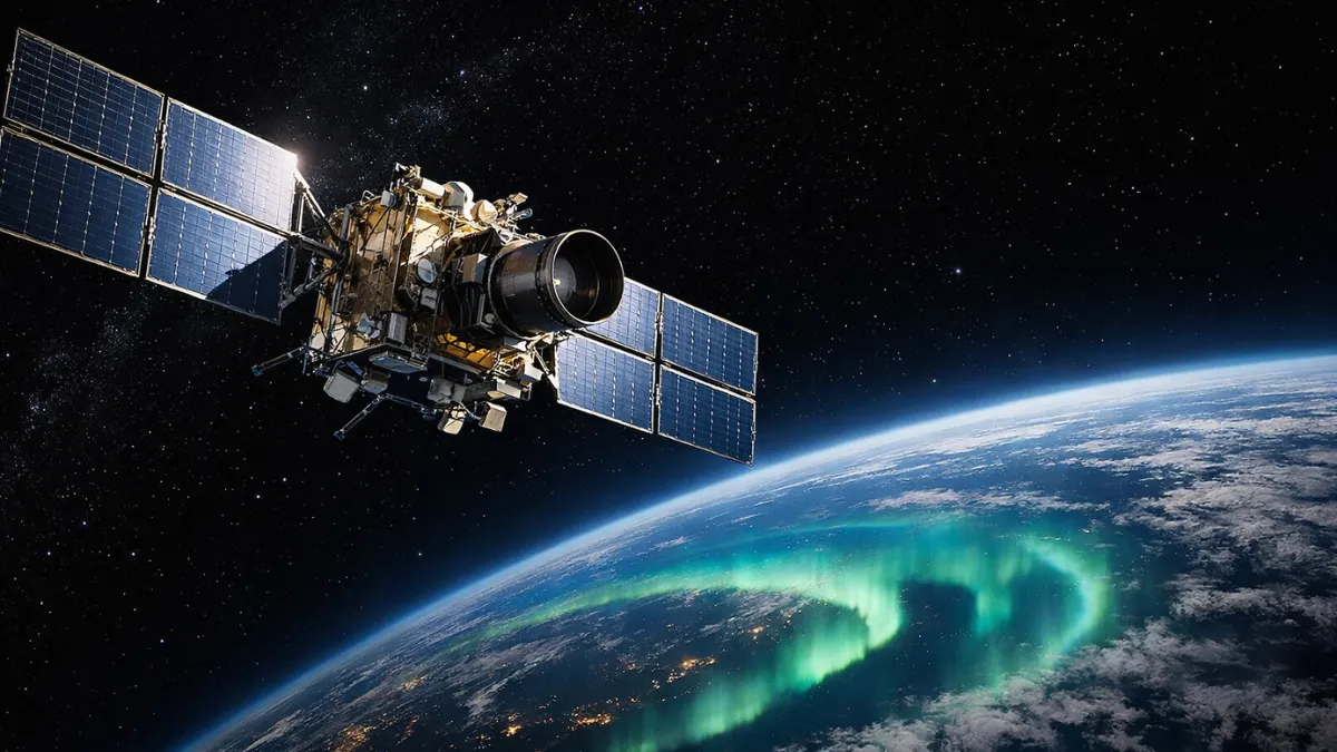 A highly detailed rendering of the SMILE satellite orbiting Earth, with its solar panels deployed and the northern lights glowing in the background.
