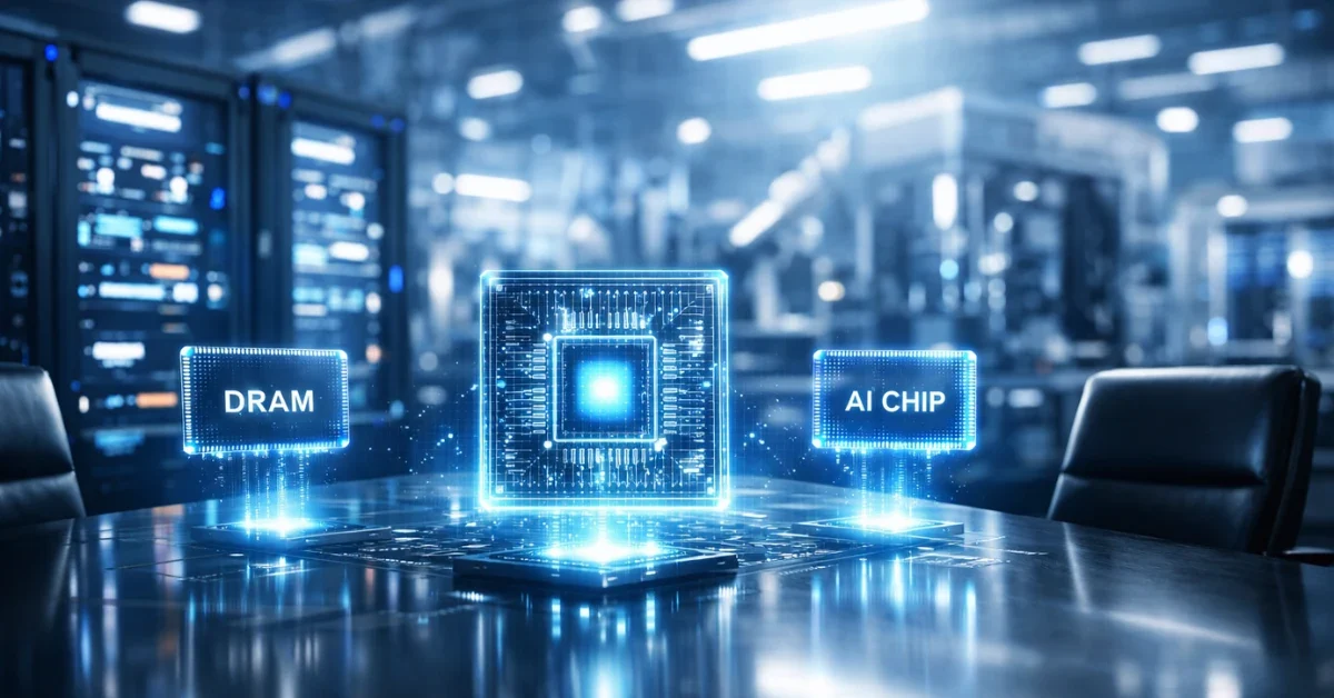 A high-tech conceptual visualization of an advanced semiconductor manufacturing facility with glowing server racks and memory chips representing the AI technology partnership between Samsung and AMD.