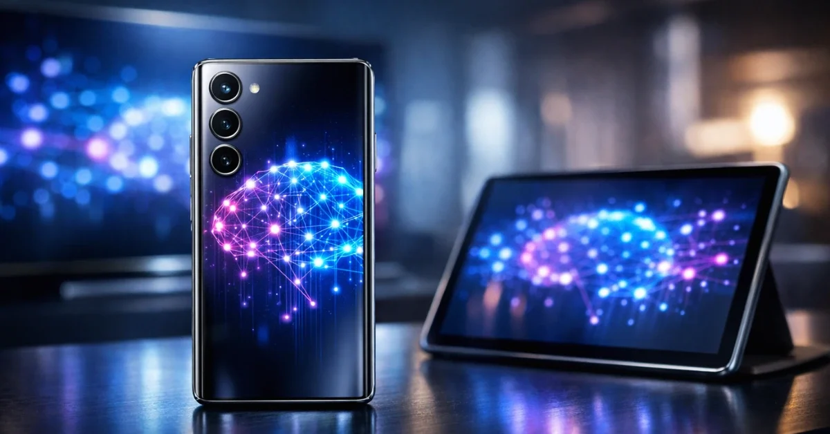 A sleek modern smartphone and tablet displaying futuristic glowing AI data nodes, representing Samsung's expansion of Gemini-powered Galaxy AI across its device ecosystem.