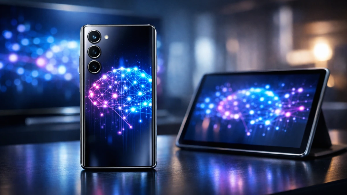 A sleek modern smartphone and tablet displaying futuristic glowing AI data nodes, representing Samsung's expansion of Gemini-powered Galaxy AI across its device ecosystem.