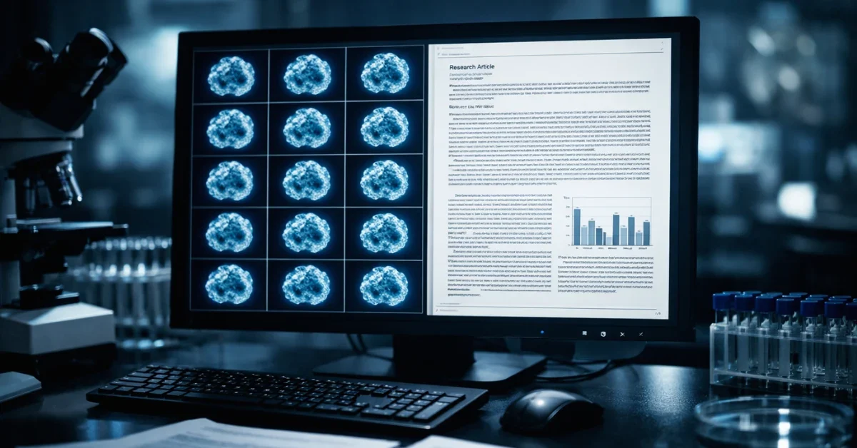 A computer screen in a dark laboratory displaying duplicated microscope images alongside a digital academic manuscript, illustrating scientific fraud.