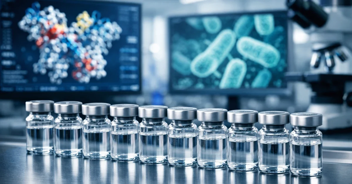 Sterile vials of medicinal liquid in a modern biomedical laboratory, representing the enhanced production of the chemotherapy drug doxorubicin, with molecular structures visible on screens in the background.