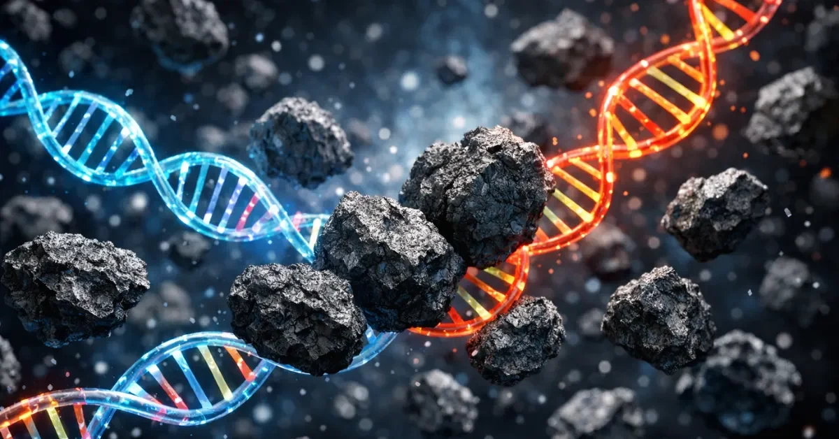 Dark, rugged asteroid rock fragments surrounded by glowing, translucent DNA and RNA molecular structures floating in deep space.