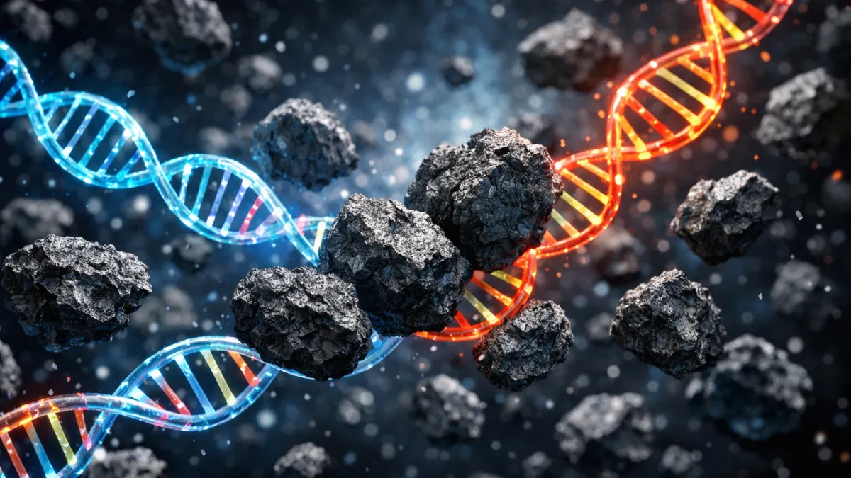 Dark, rugged asteroid rock fragments surrounded by glowing, translucent DNA and RNA molecular structures floating in deep space.