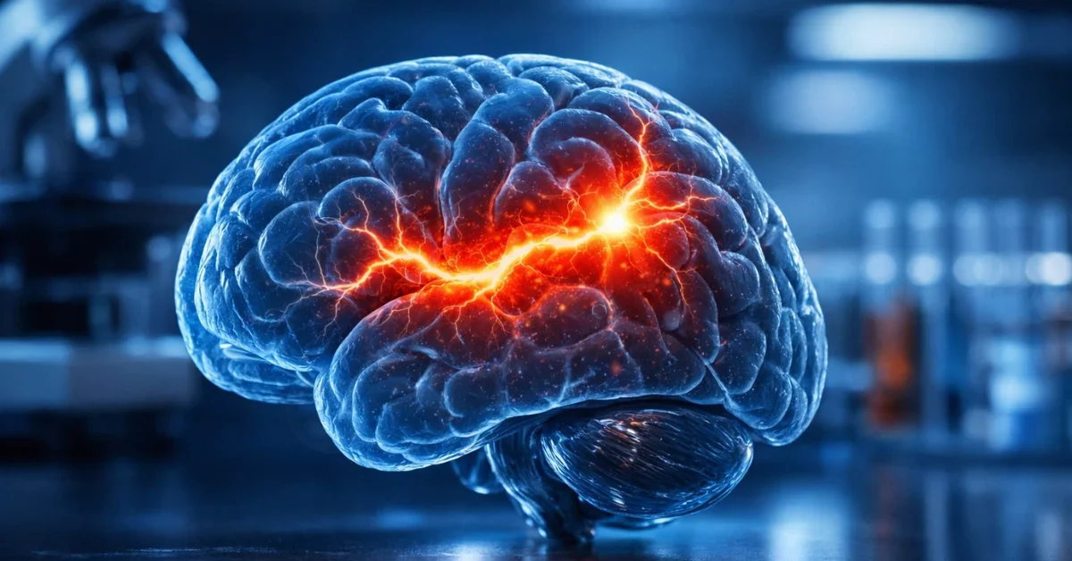 A 3D scientific visualization of a glowing human brain highlighting a neural pathway in red and amber, representing the discovery of an Alzheimer's hidden death switch.