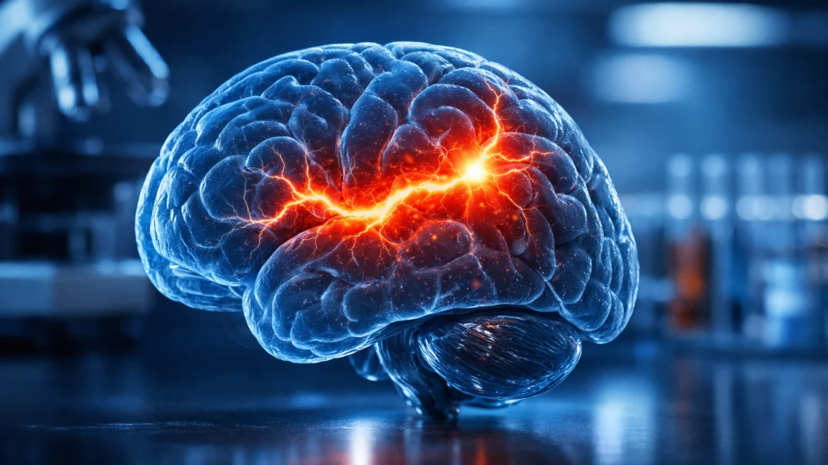 A 3D scientific visualization of a glowing human brain highlighting a neural pathway in red and amber, representing the discovery of an Alzheimer's hidden death switch.