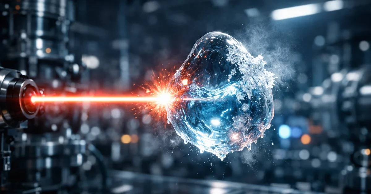 A futuristic X-ray laser beam illuminating a morphing, glowing droplet of supercooled water in a dark, high-tech physics laboratory.