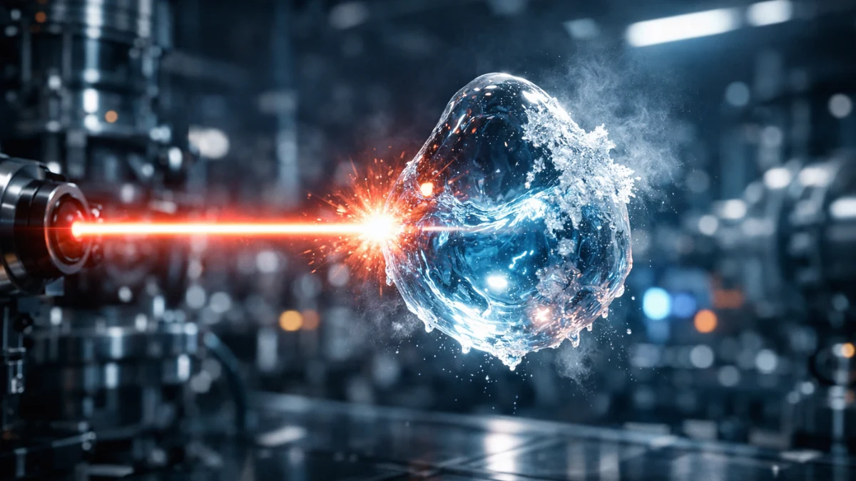 A futuristic X-ray laser beam illuminating a morphing, glowing droplet of supercooled water in a dark, high-tech physics laboratory.