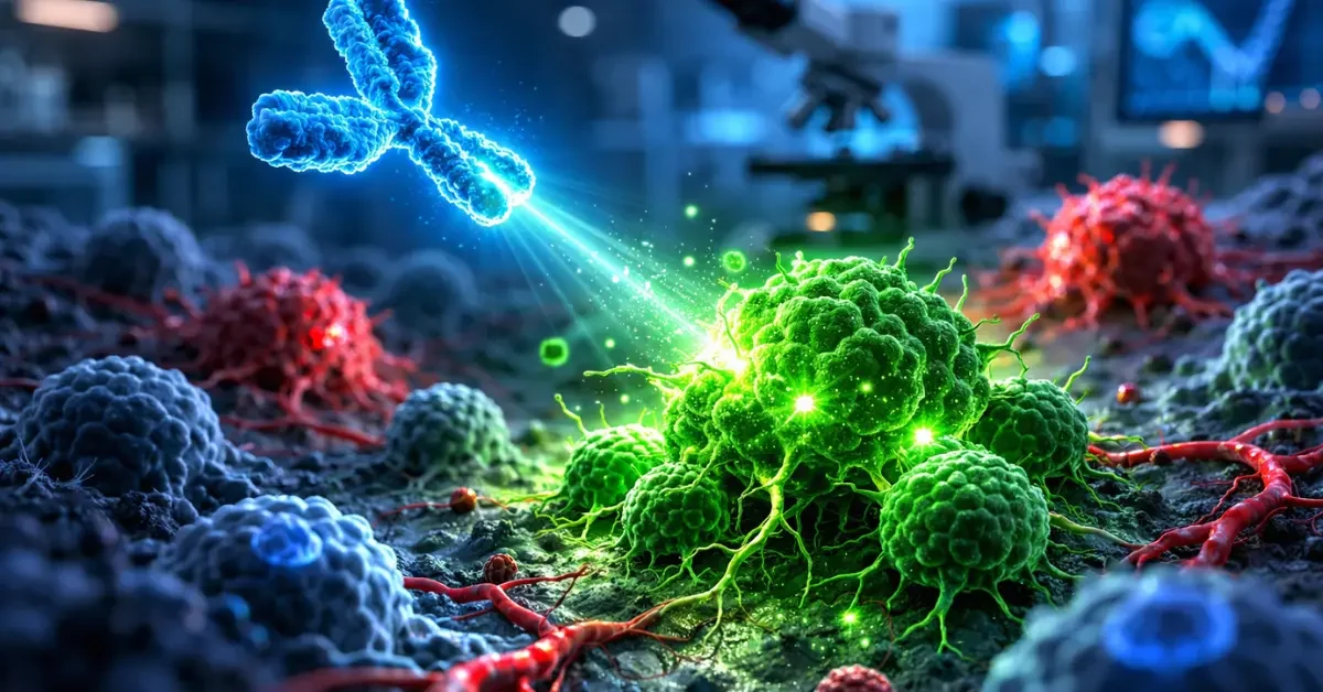 A glowing microscopic antibody illuminating a cluster of tumor cells in a dark medical laboratory environment.
