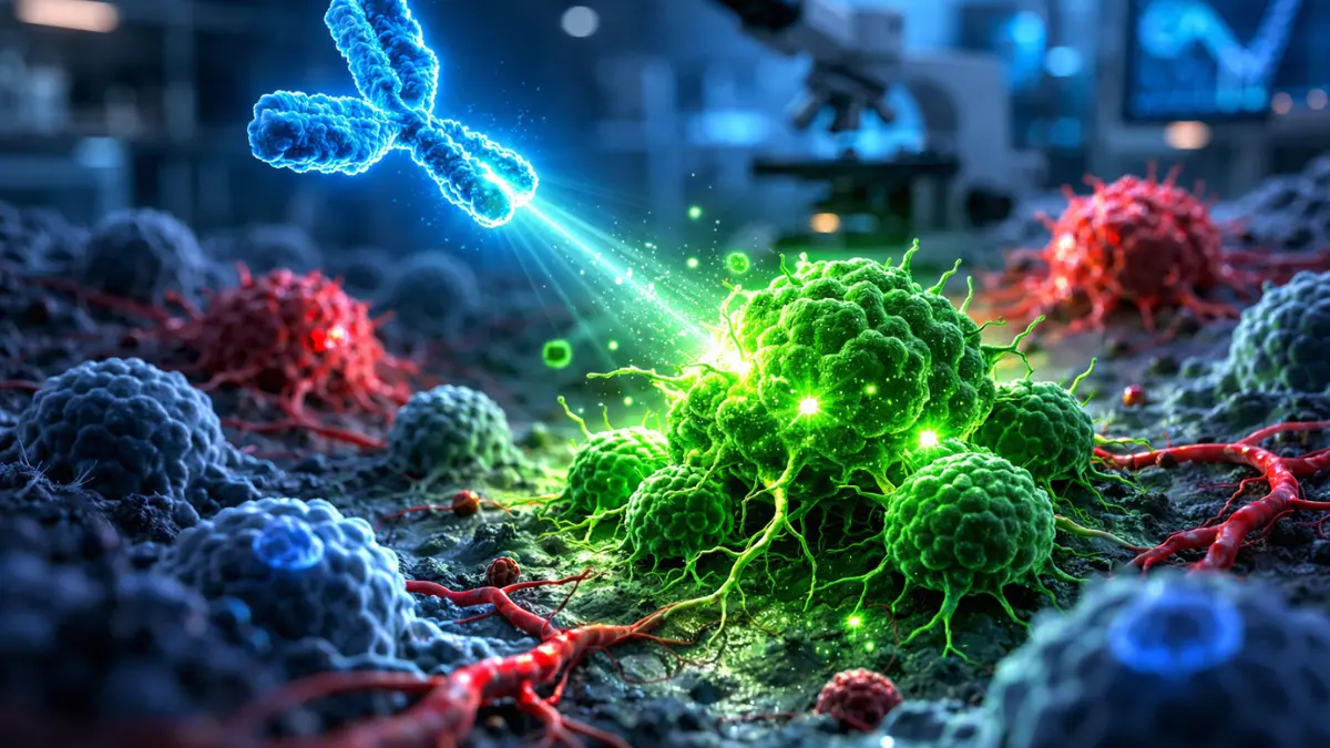 A glowing microscopic antibody illuminating a cluster of tumor cells in a dark medical laboratory environment.