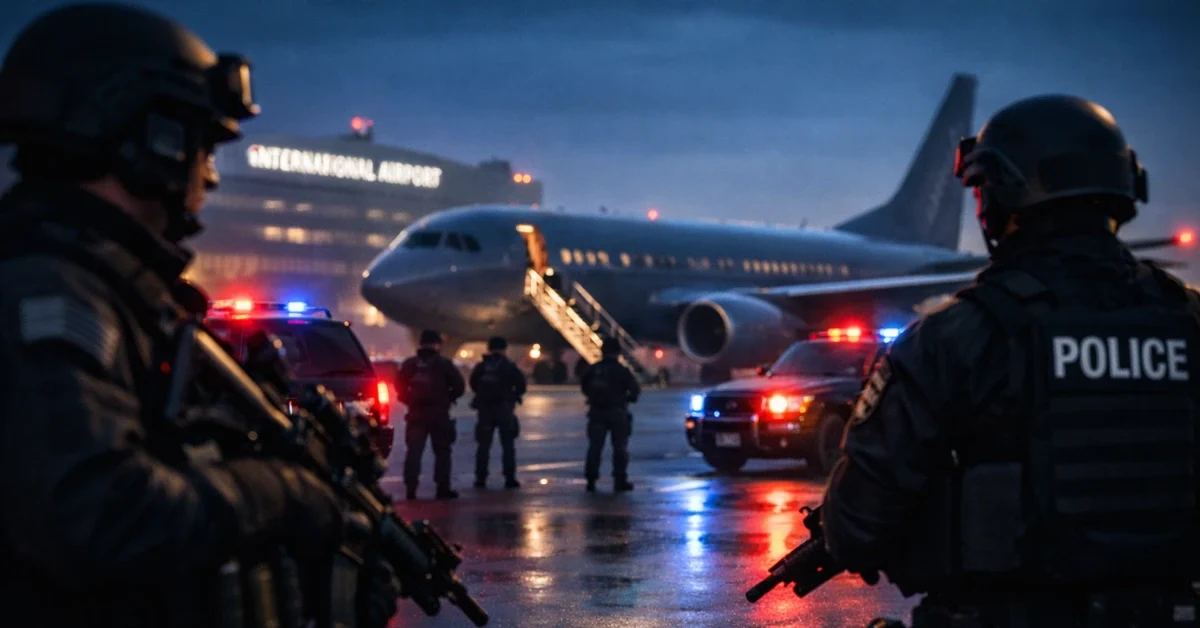A heavily armed tactical police convoy parked on an airport tarmac near an unmarked transport plane under the flashing lights of a pre-dawn operation.