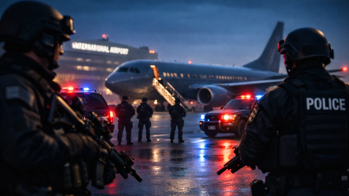 A heavily armed tactical police convoy parked on an airport tarmac near an unmarked transport plane under the flashing lights of a pre-dawn operation.