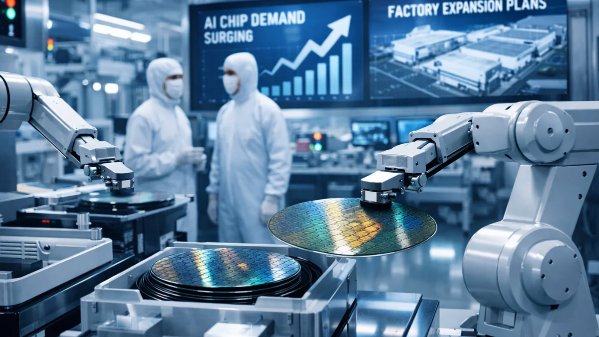 Wide view of a modern semiconductor fabrication plant with automated wafer equipment and engineers in protective suits on the production floor.