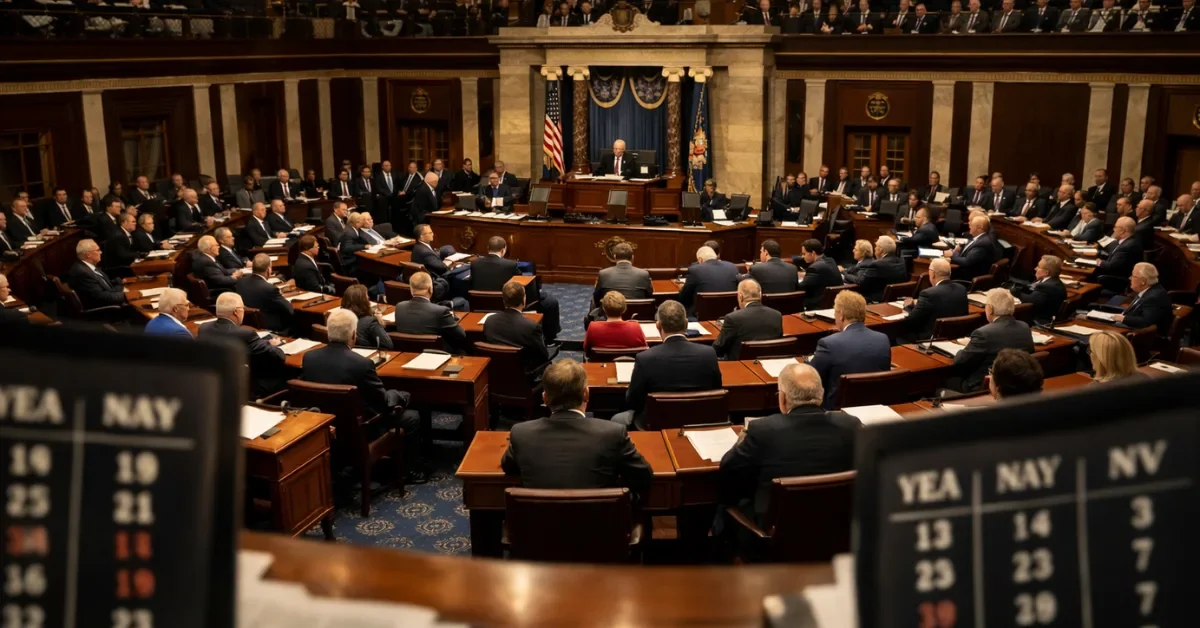 Wide shot of the United States Senate chamber during a session with senators at their desks, voting on the Iran war powers resolution under warm overhead lighting.