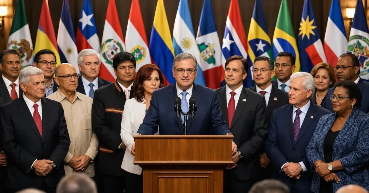 International leaders and delegates gathered in a formal conference room with flags representing various Latin American and Caribbean nations at the Shield of the Americas summit.