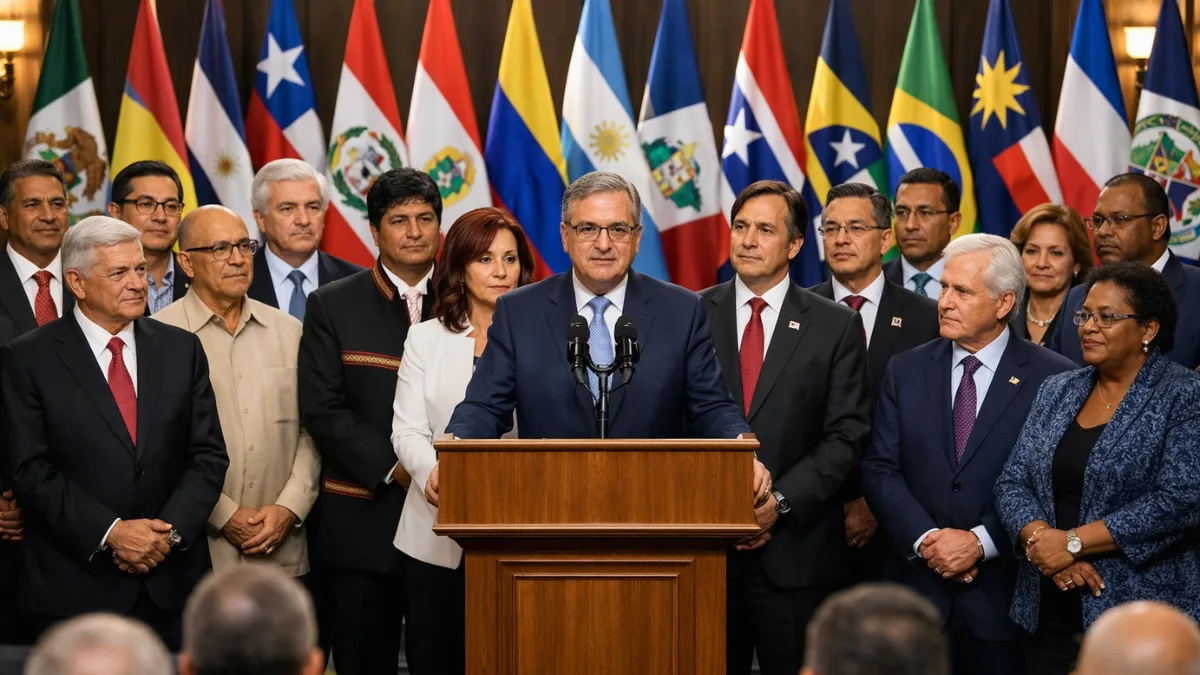 International leaders and delegates gathered in a formal conference room with flags representing various Latin American and Caribbean nations at the Shield of the Americas summit.
