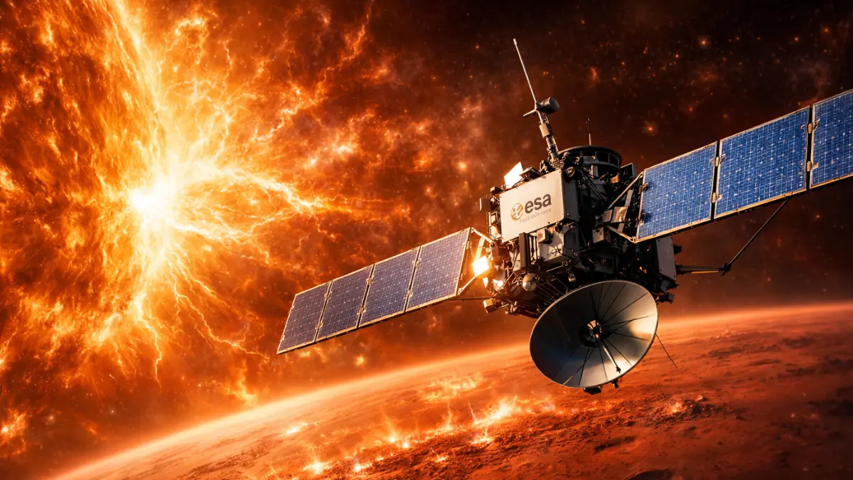 A highly detailed European Space Agency satellite orbiting Mars as a bright, powerful solar superstorm strikes the planet's atmosphere.