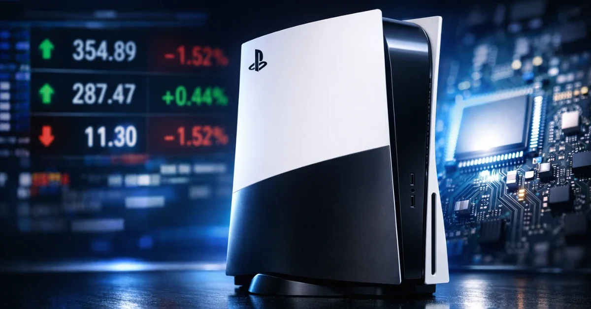 A sleek PlayStation 5 Pro console sitting on a reflective surface against a backdrop of blurred digital market data and memory chip circuits.