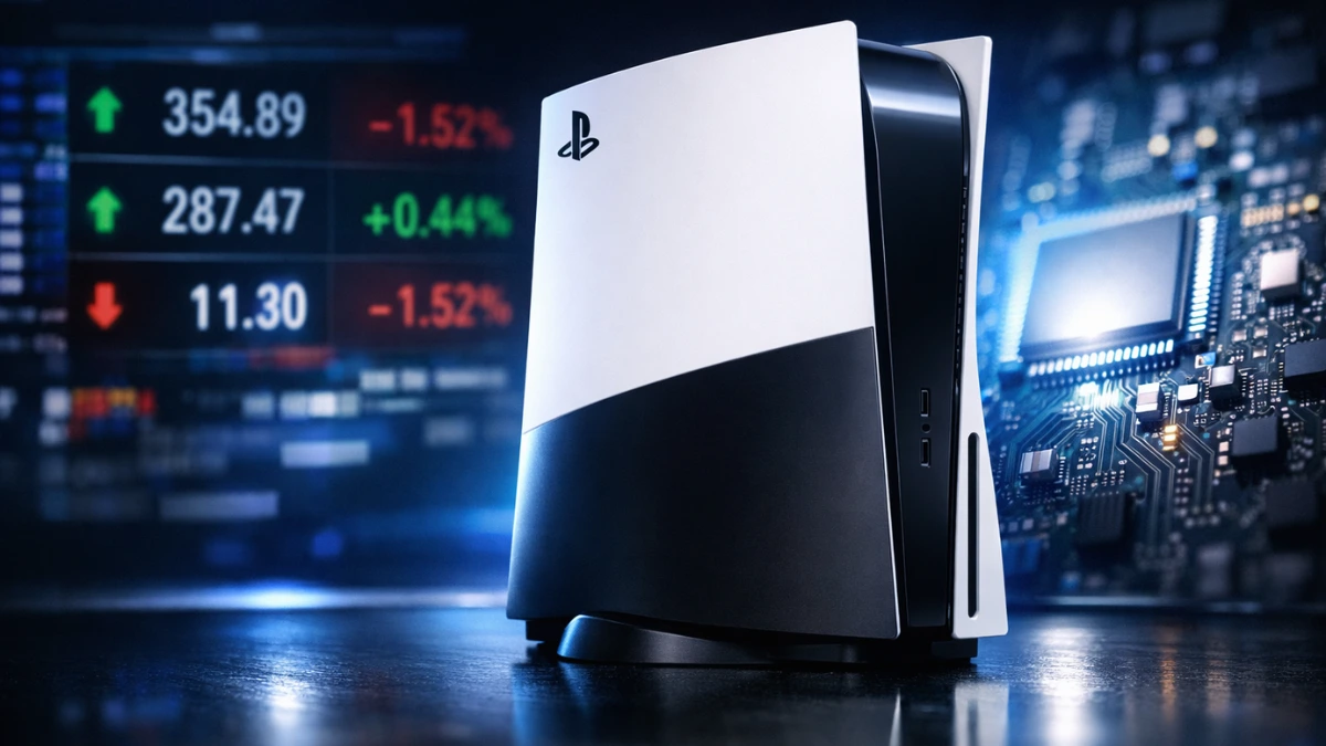 A sleek PlayStation 5 Pro console sitting on a reflective surface against a backdrop of blurred digital market data and memory chip circuits.