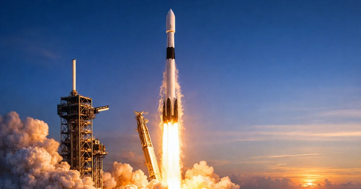 A SpaceX Falcon 9 rocket launching from a coastal pad at dawn with bright exhaust flames illuminating the launch tower.