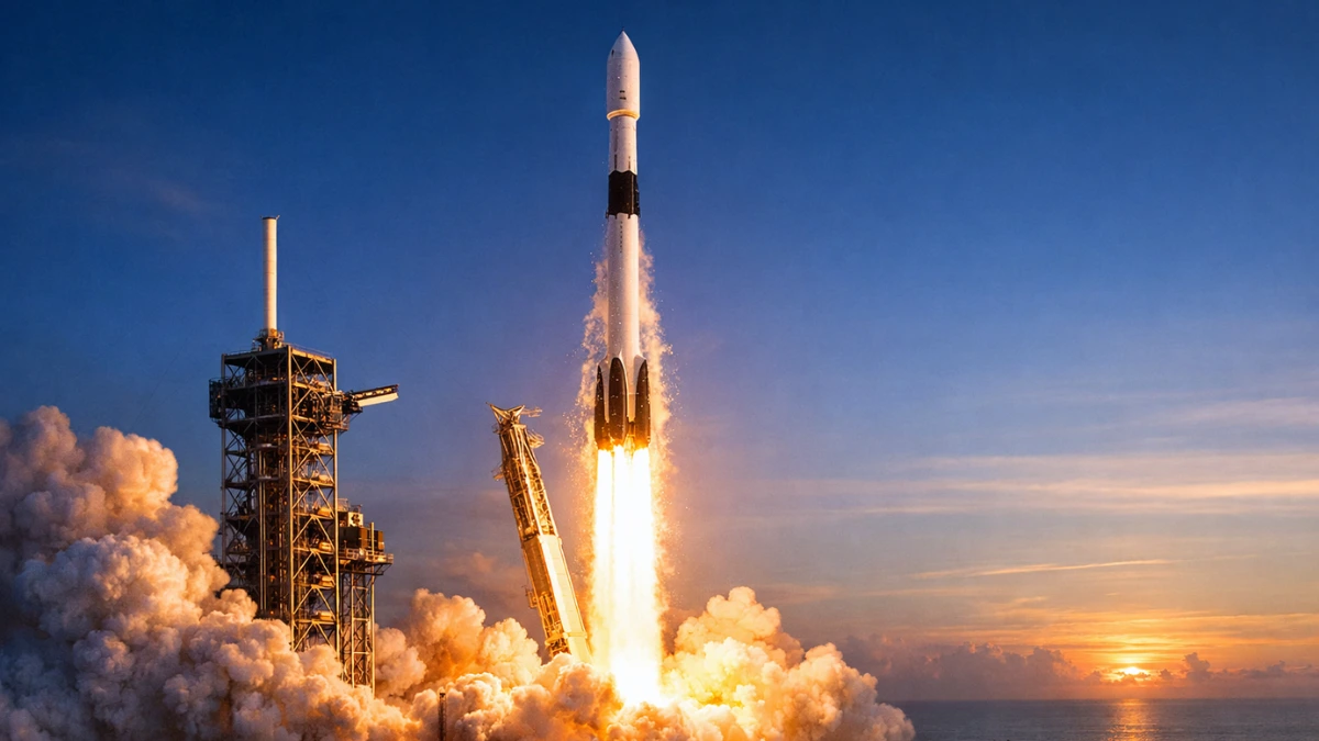 A SpaceX Falcon 9 rocket launching from a coastal pad at dawn with bright exhaust flames illuminating the launch tower.