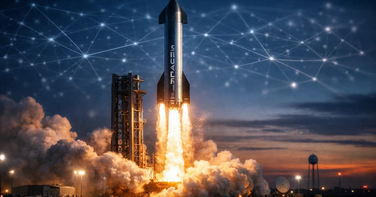 A SpaceX rocket preparing for launch at twilight, featuring digital network lines in the sky to represent Starlink and artificial intelligence integration.