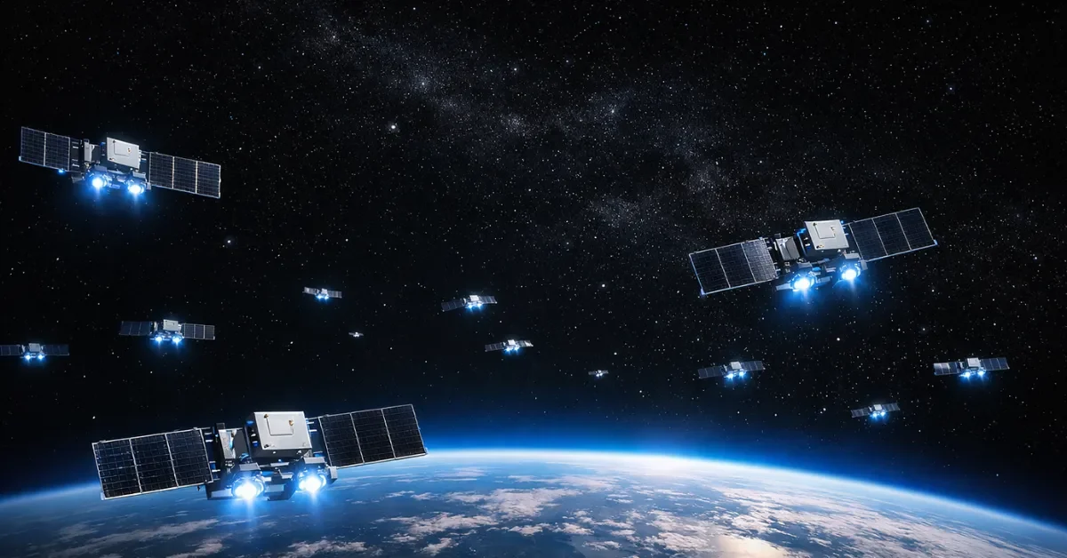 A fleet of SpaceX Starlink satellites orbiting Earth in the darkness of space, showcasing the vast satellite constellation in low Earth orbit.