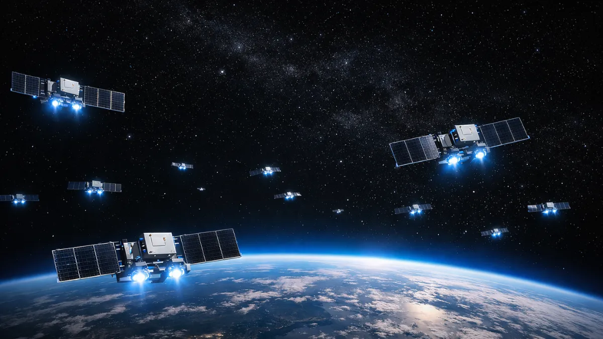 A fleet of SpaceX Starlink satellites orbiting Earth in the darkness of space, showcasing the vast satellite constellation in low Earth orbit.