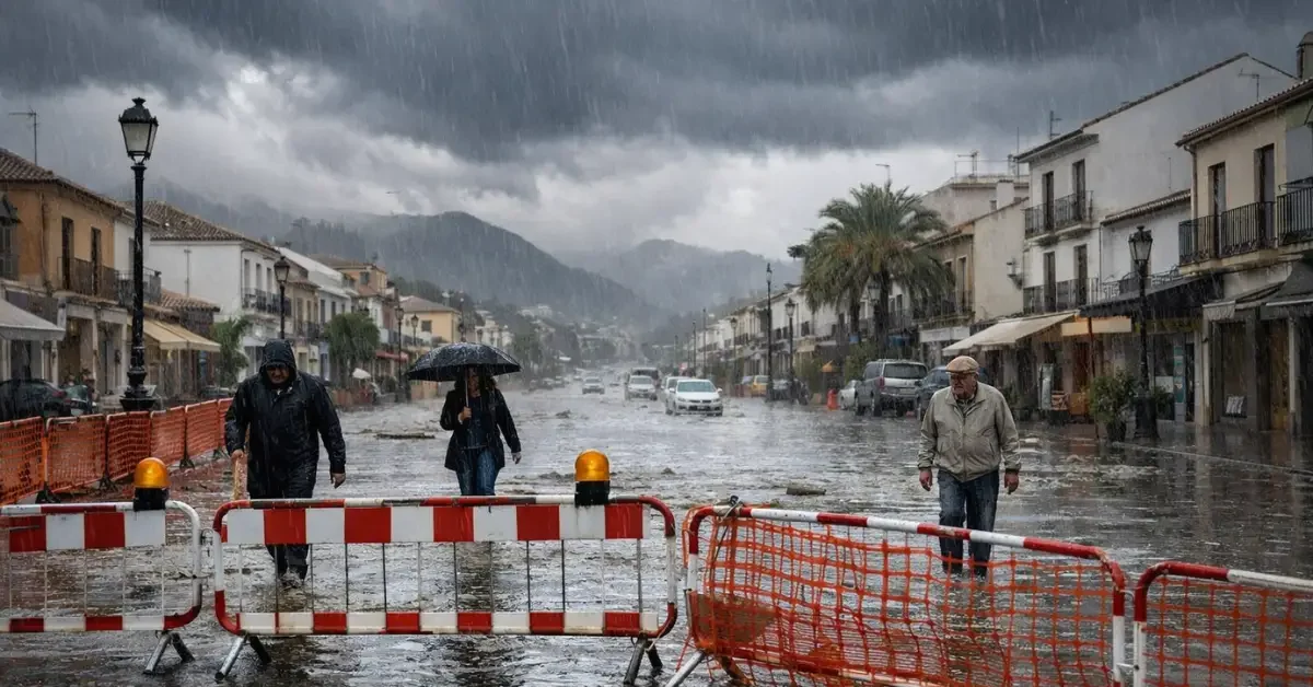 Flooded street in a town in southern Spain during heavy rain, with dark storm clouds, wet roads and people moving carefully through the water.
