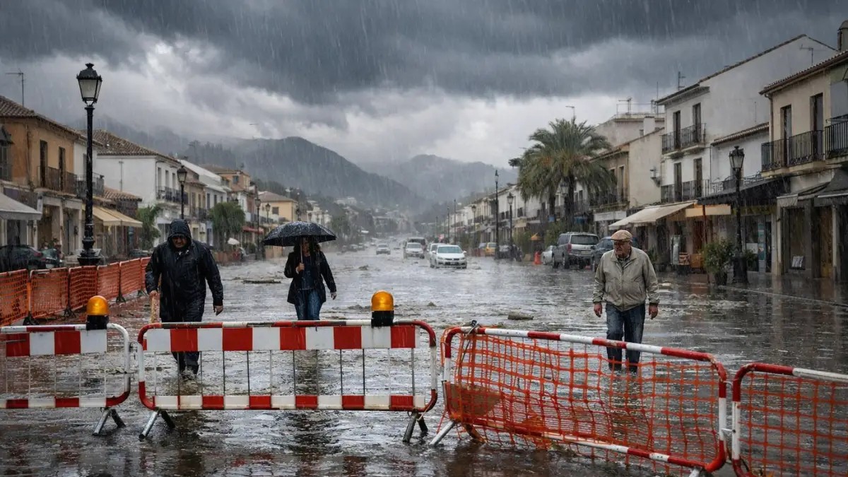 Flooded street in a town in southern Spain during heavy rain, with dark storm clouds, wet roads and people moving carefully through the water.
