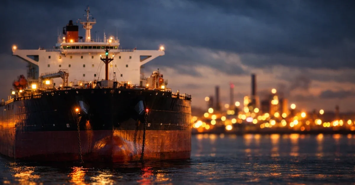 A large commercial oil tanker anchored near an illuminated coastal energy hub at dusk.