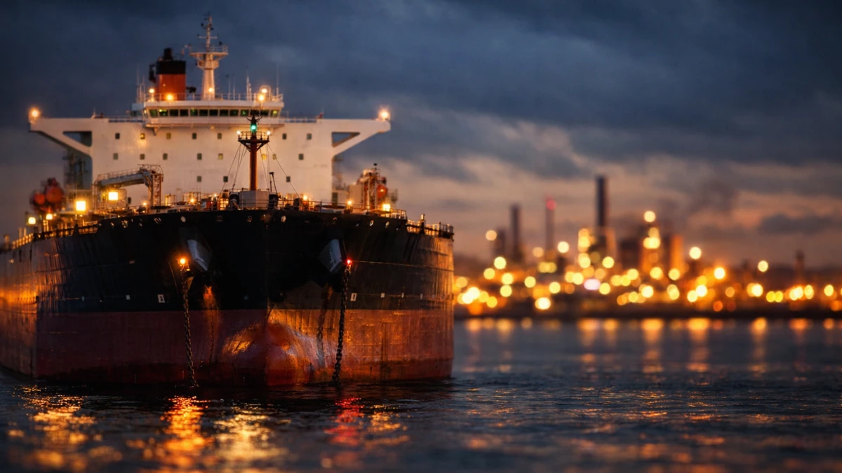 A large commercial oil tanker anchored near an illuminated coastal energy hub at dusk.