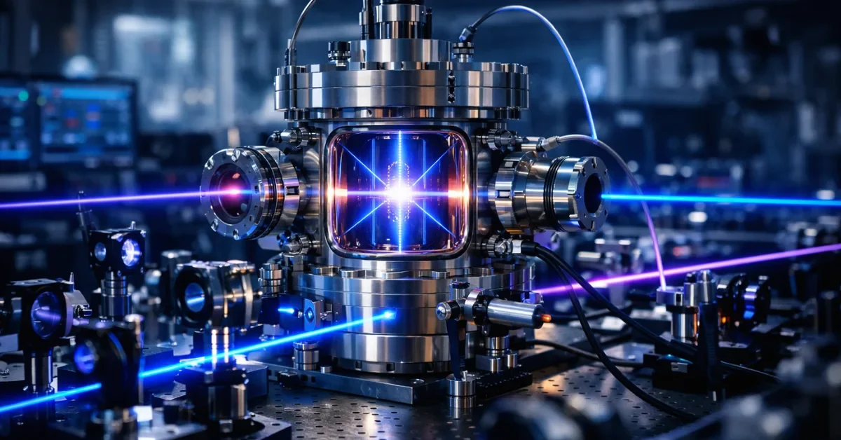A high-tech optical lattice clock illuminated by blue and purple lasers in a modern physics laboratory.