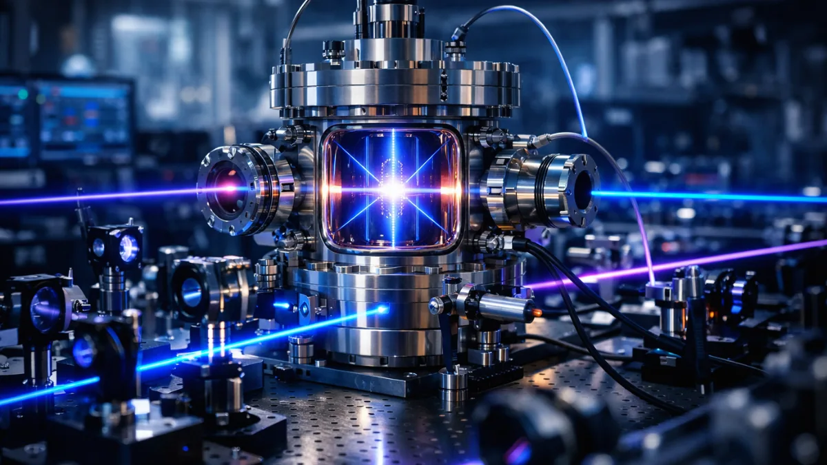 A high-tech optical lattice clock illuminated by blue and purple lasers in a modern physics laboratory.