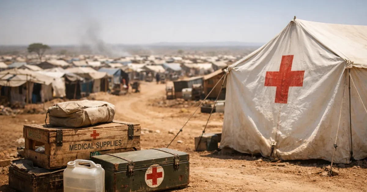 Weathered medical supply crates and a white relief tent in a dusty refugee camp, illustrating the delayed humanitarian aid and ongoing crisis in Sudan.